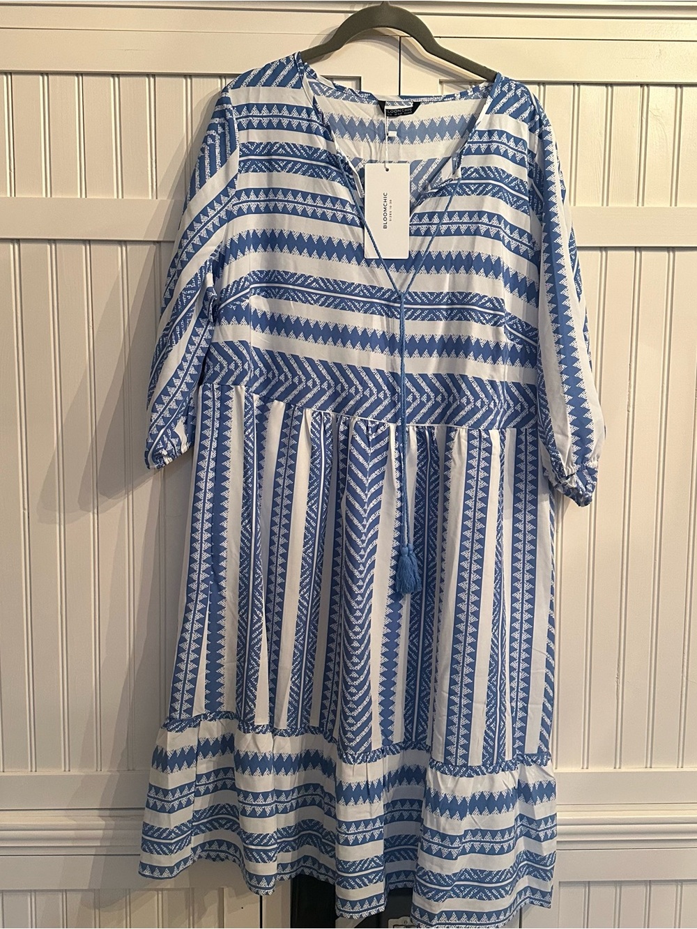 BloomChic Blue & White Printed Lined Tunic Midi Dress with Pockets Size US 14/16